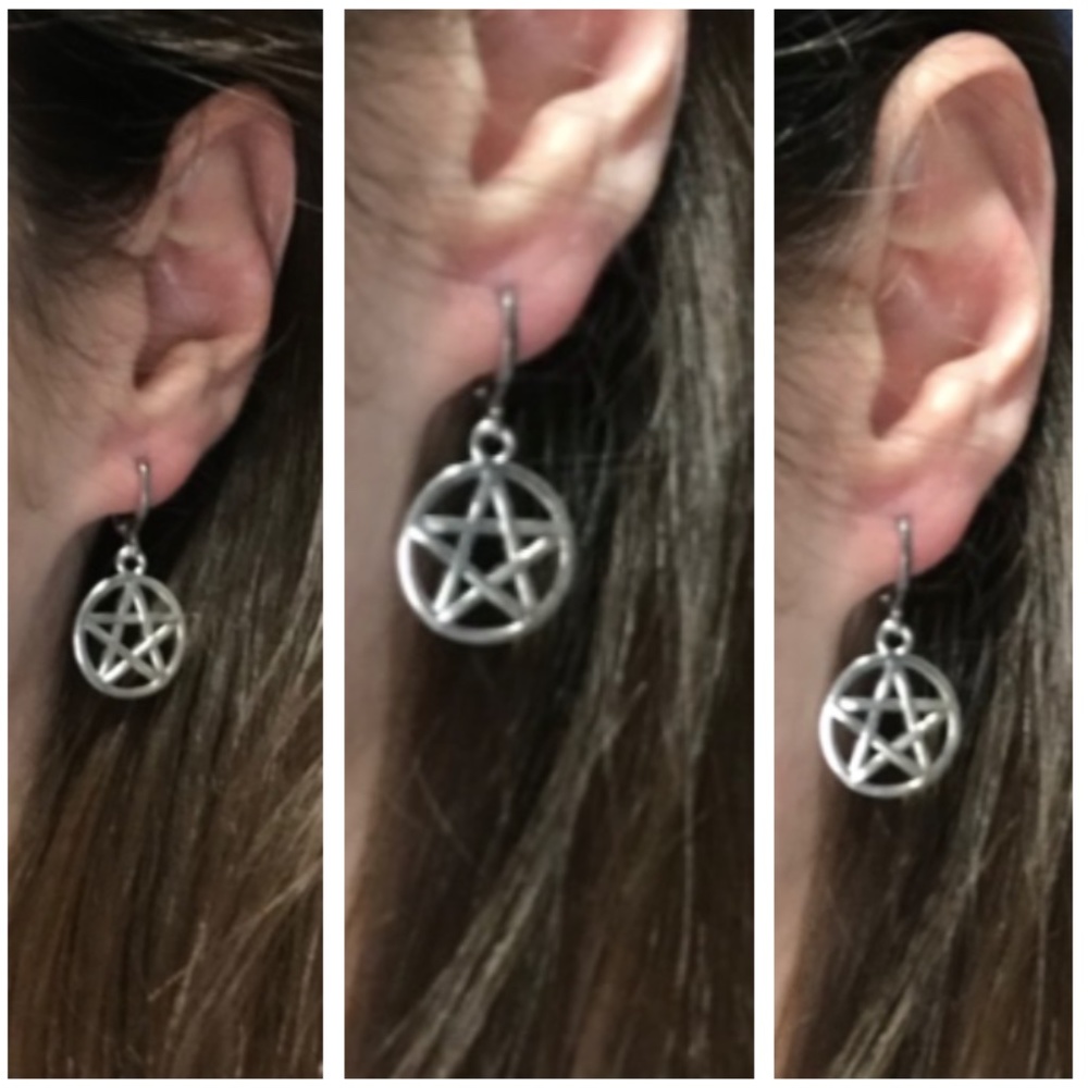 Gothic Pagan Silver Pentagram Pentacle Handmade Hoop Earrings, Encircled Stars - Picture 3 of 12